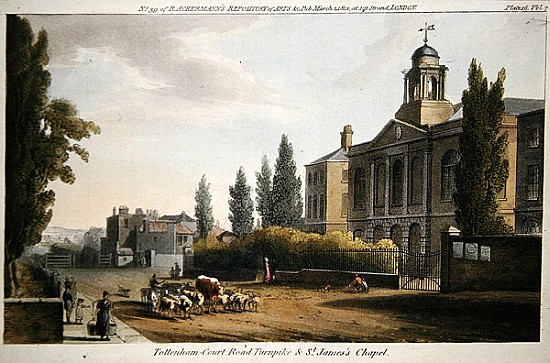 Tottenham Court Road Turnpike and St. James''s Chapel, from ''Ackerman''s Repository of Arts'' publi de English School