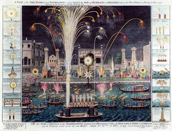 A View of the Fireworks and Illuminations at his grace the Duke of Richmond''s at Whitehall and on t de English School