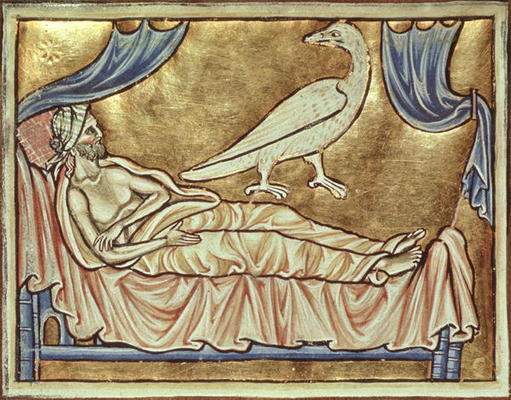 Roy 12 C XIX f.47v Caladrius bird, reputed to foretell the fate of a sick man, above a man in bed, f de English School, (13th century)