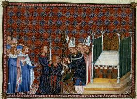 Ms Tiberius B Viii f.58 Coronation of the King and Queen of France, 1365 (vellum)