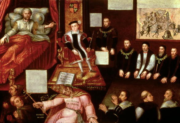 King Edward VI (1537-53) and the Pope, c.1570 (oil on panel) de English School, (16th century)