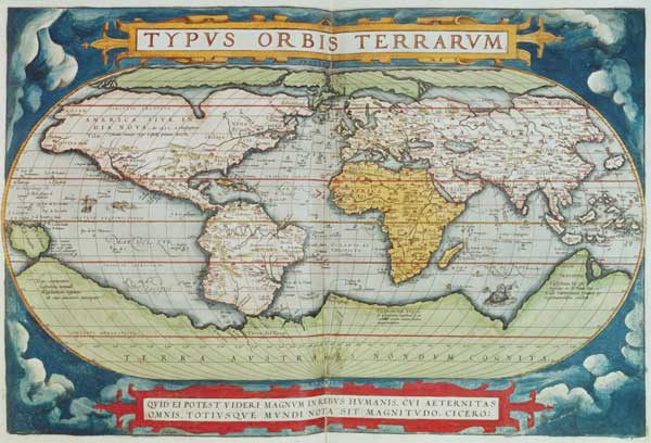 Map charting Sir Francis Drake's (c.1540-96) circumnavigation of the globe, engraved by Frans Hogenb de English School, (16th century)