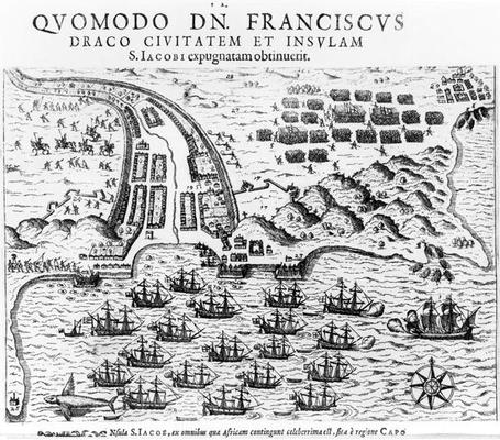 Plan Showing how Francis Drake (c.1540-96) Stormed and Held the Island of San Jacob (engraving) (b/w de English School, (17th century)