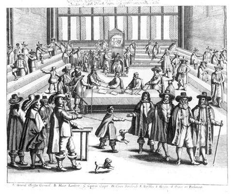 Oliver Cromwell (1599-1658) Dissolving The Parliament (engraving) (b/w photo) de English School, (17th century)