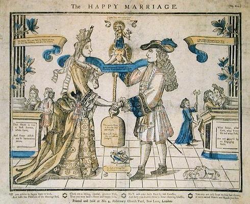 The Happy Marriage (stencil coloured woodcut) de English School, (17th century)