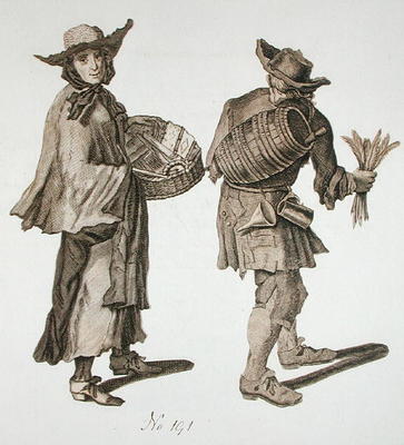 'Buy a new Almanac! Fine writing ink!', illustration of street sellers around 1675 (engraving) de English School, (17th century) (after)