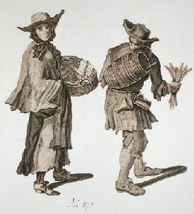 'Buy a new Almanac! Fine writing ink!', illustration of street sellers around 1675 (engraving)