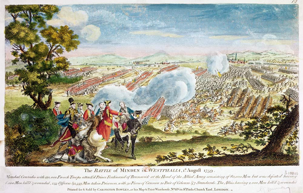 The Battle of Minden in Westphalia in 1759 (colour litho) de English School, (18th century)