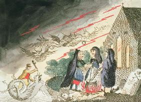 Three Witches in a Graveyard, c.1790s (coloured engraving)