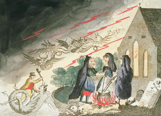 Three Witches in a Graveyard, c.1790s (coloured engraving) de English School, (18th century)