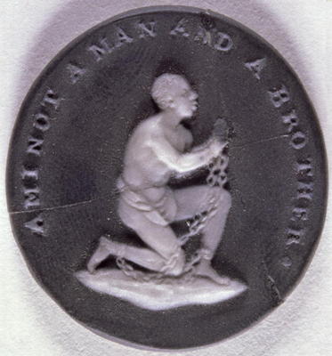 Wedgwood jasper medallion decorated with a slave in chains and inscribed with 'Am I not a Man and a de English School, (18th century)
