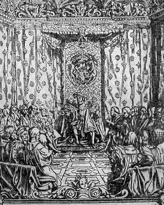 King Henry VIII (1491-1547) in Parliament, from a contemporary print (engraving) de English School, (19th century)
