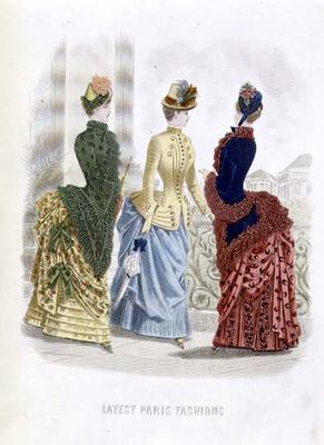 Latest Paris Fashions, three day dresses in a fashion plate from 'The Queen', May 1885 (coloured eng de English School, (19th century)