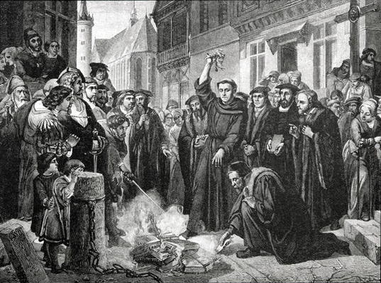Martin Luther (1483-1546) Publicly Burning the Pope's Bull in 1521 (engraving) de English School, (19th century)