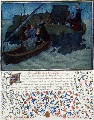 Ms. 2597 Heart, Desire and Generosity land in the night with Fiance and Expectation on the rock of t de English School, (19th century)
