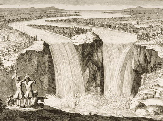Niagara Falls, after a sketch made by Father Hennepin in 1677, from 'American Pictures' published by de English School, (19th century)