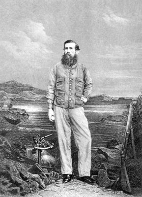 Portrait of John Speke (1827-64) in front of Lake Victoria, frontispiece to 'Journal of the Discover de English School, (19th century)