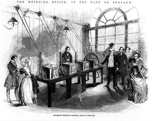Sovereign Weighing Machine, Bank of England (engraving) (b/w photo) de English School, (19th century)