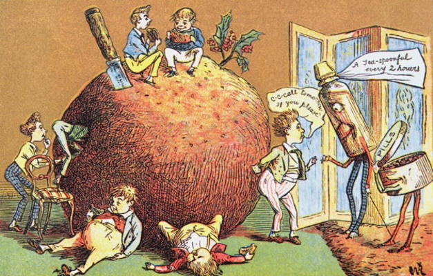 The Christmas Pudding, a Victorian christmas card (colour engraving) de English School, (19th century)