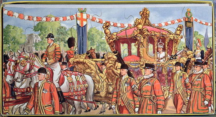 Jigsaw puzzle depicting the Coronation of Queen Elizabeth II (b.1926) 2nd June 1953 (colour litho on de English School, (20th century)