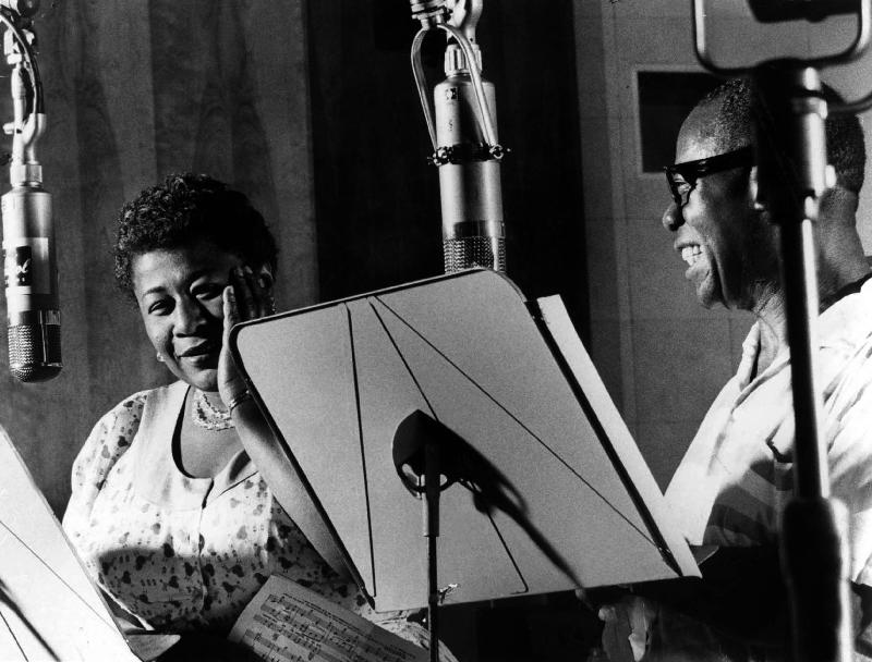 Ella Fitzgerald American jazz Singer with Louis Armstrong jazz trumpet player and Singer during a re de English Photographer, (20th century)