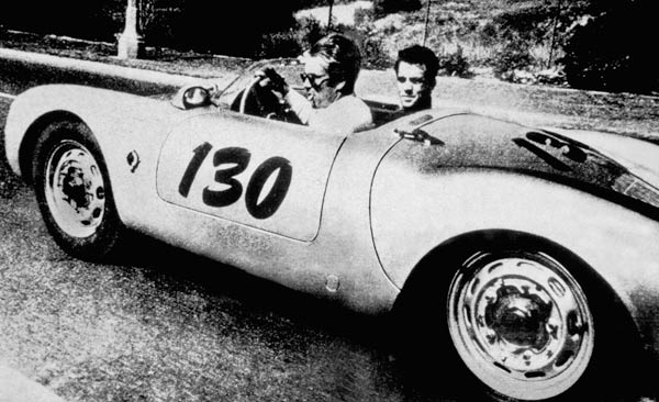 The American Actor James Dean driving his Porsche Spider 550A with Rolf Wutherlich de English Photographer, (20th century)