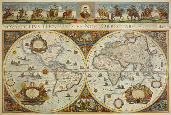 Mapa de la tierra con dos hemisferios con retrato del Papa Inocencio XI e imagen del Príncipe Europe de Erdkarte
