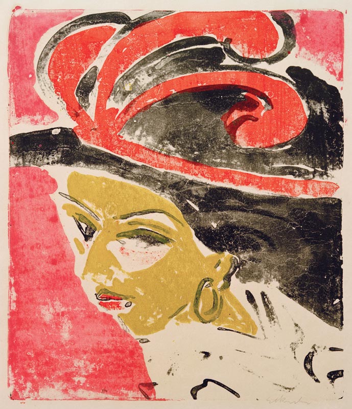 Cocotte head with plumed hat. de Ernst Ludwig Kirchner
