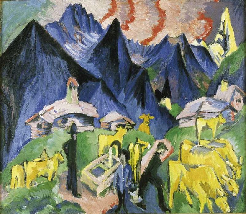 Vida alpina (panel central del tríptico) de Ernst Ludwig Kirchner