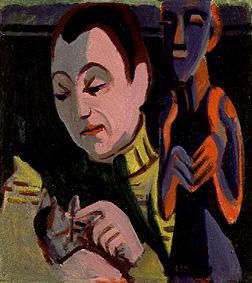 Portrait of Erna with cat and wood figure de Ernst Ludwig Kirchner