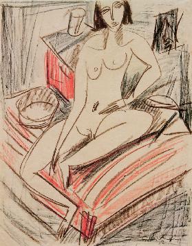 Desnudo femenino, sentado en la cama
