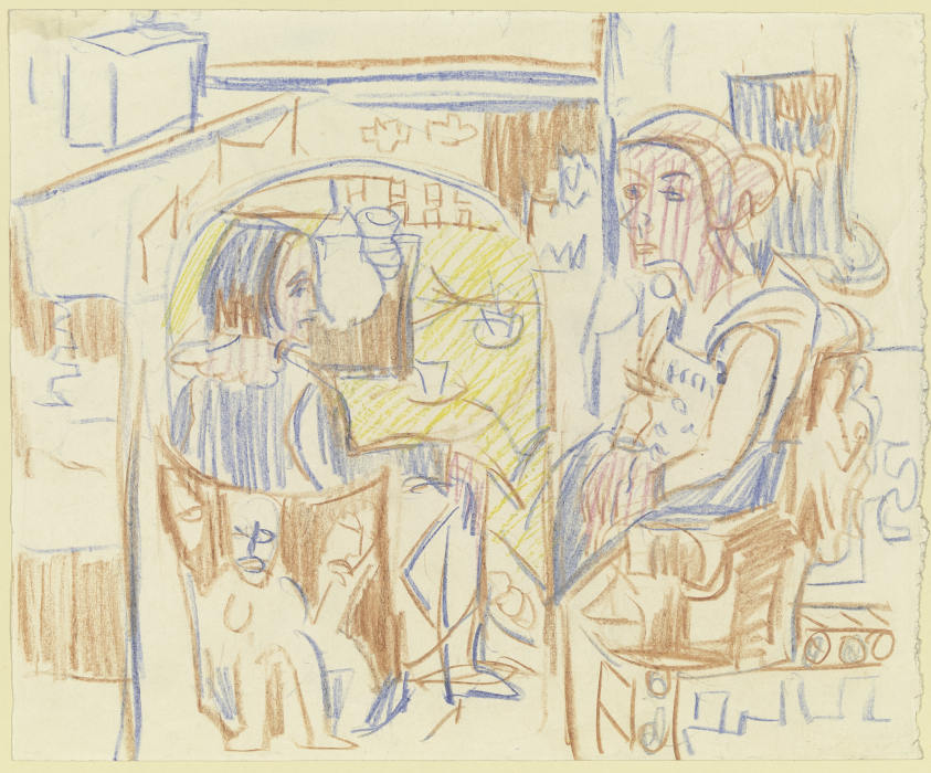 Zwei Frauen am Kaffeetisch in Kirchners Atelier de Ernst Ludwig Kirchner