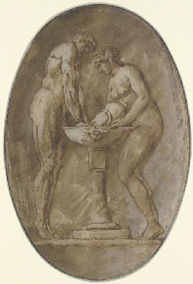 Ein nackter Mann, auf Zehenspitzen stehend, hält seine Hände in ein Becken, in das eine dem Mann geg