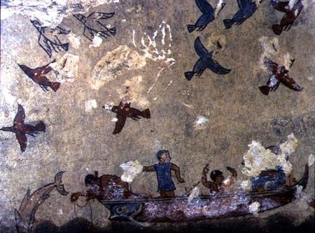 Fishermen in a boat and birds flying, from the Tomb of Fishing and Hunting de Etruscan