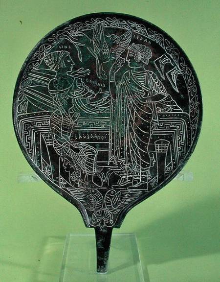 Mirror depicting Aphrodite persuading Helen to follow Paris to Troy, from Palestrina de Etruscan