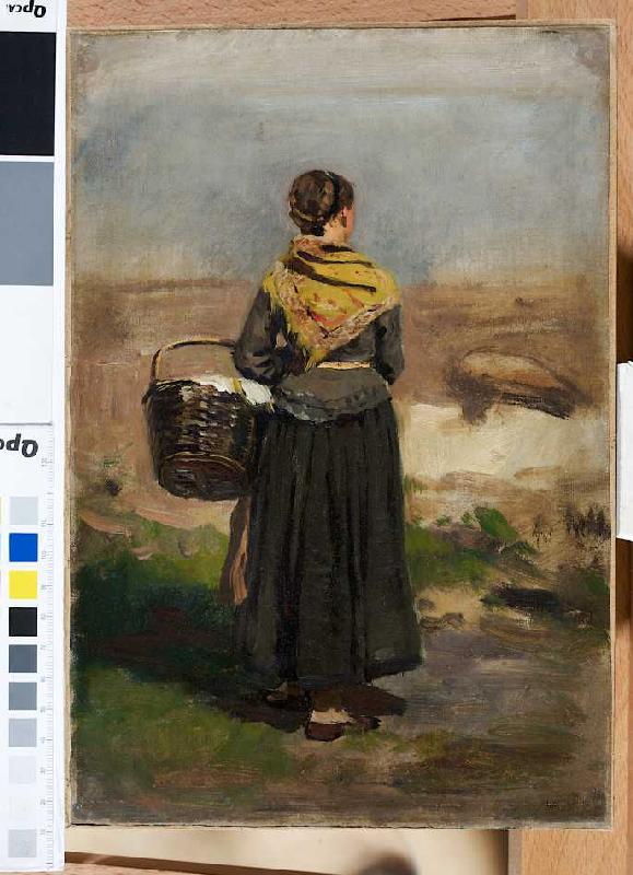 Rückenfigur einer stehenden Frau in Landschaft (Studie) de Eugen Dücker
