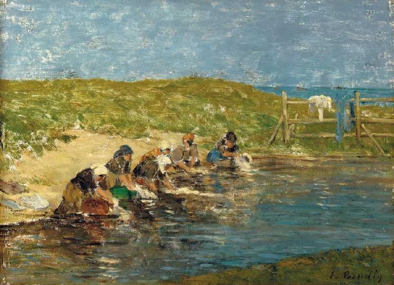 Wäscherinnen am Rand eines Teiches. de Eugène Boudin