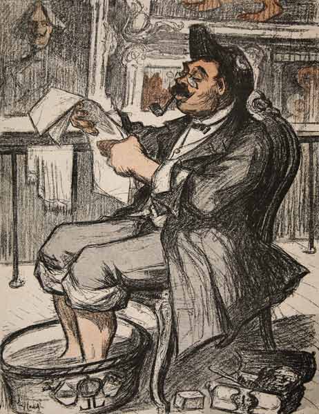 A government official reading his newspaper with a footbath, illustration from ''L''assiette au Beur de Eugene Cadel