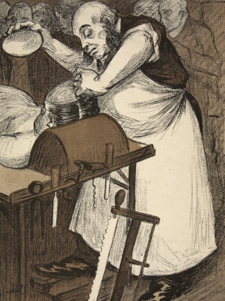 A coroner examining the head of a corpse, illustration from ''L''assiette au Beurre: Les Fonctionnai de Eugene Cadel