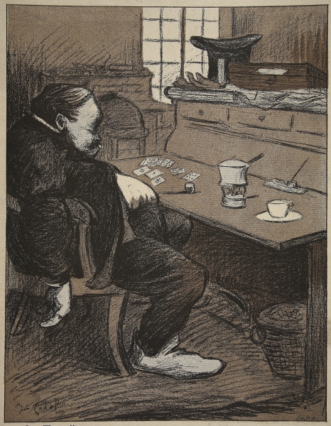 Hard at work, a break from cards and coffee!, illustration from ''L''assiette au Beurre: Les Fonctio de Eugene Cadel