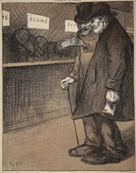 Two elderly gentlemen walking past closed counters, illustration from ''L''assiette au Beurre: Les F de Eugene Cadel