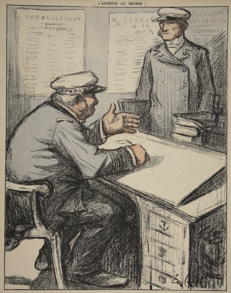 Two maritime gentlemen in their offices, illustration from ''L''assiette au Beurre: Les Fonctionnair de Eugene Cadel