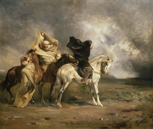 Rider bunch in the paying sandstorm. de Eugène Fromentin