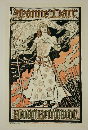 Reproduction of a poster advertising 'Joan of Arc', starring Sarah Bernhardt at the Renaissance Thea de Eugene Grasset