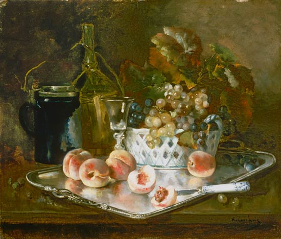 Still life with peaches, grapes and wine-glass de Eugene Henri Cauchois