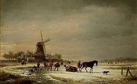 Winter landscape at a windmill de Eugène Joseph Verboeckhoven