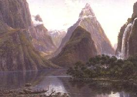 Native figures in a canoe at Milford Sound, West Coast of South Island, New Zealand, also depicted a