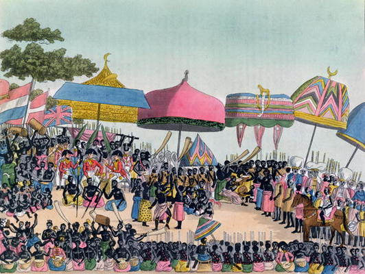 Reception for the English Ambassador held by the Ashanti at Comassi, Ghana, c.1818, engraved by A. B de European School, (19th century)