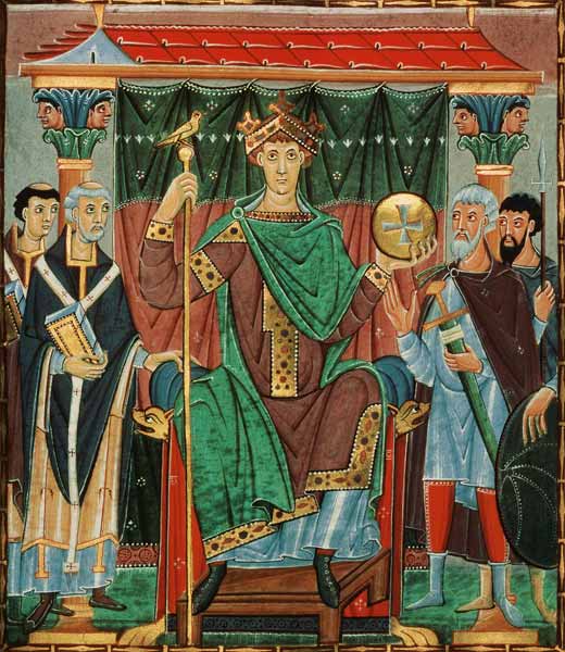 Emperador Otto III durante el homenaje por el Imperio de Evangeliar Kaiser Ottos III.