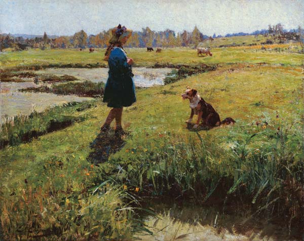 Young Girl with her Dog in the Meadows de Evariste Carpentier